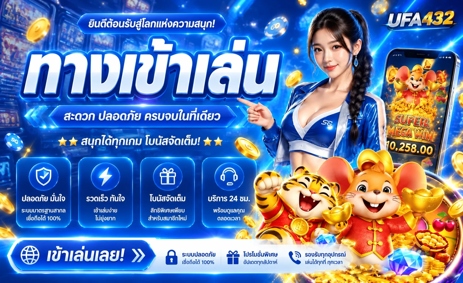 ทางเข้าเล่น UFA432 บนมือถือพร้อมตัวละครเสือนำโชค